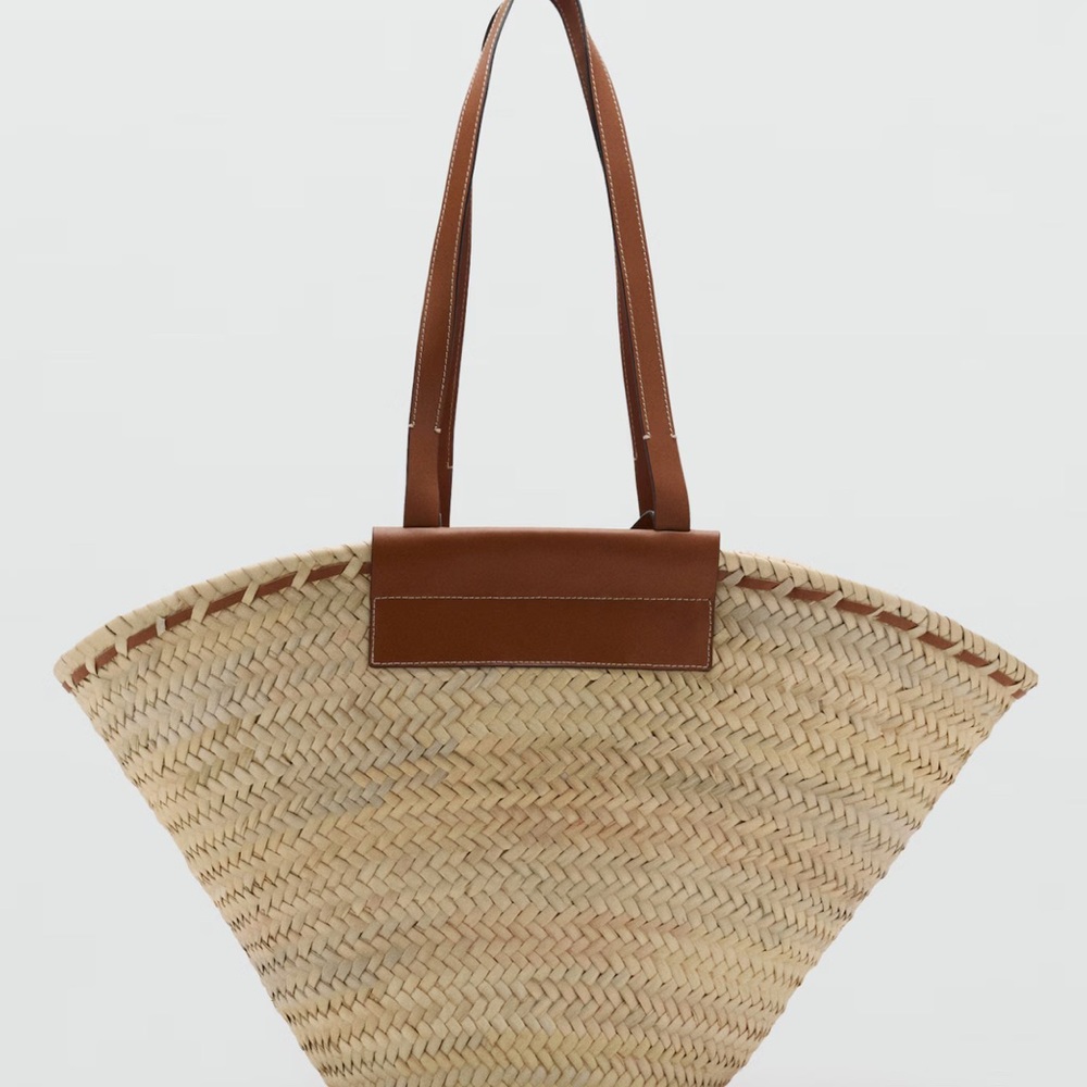 Mango Natural Straw Tote with Brown Leather Handles